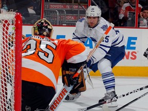Goalie Sergei Bobrovsky of the Philadelphia Flyers stops a shot by Matthew Lombardi of the Toronto Maple Leafs Thursday night in Philadelphia.