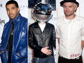 From left: Drake, Deadmau5 and Sum 41 frontman Frontman Deryck Whibley. (WENN.COM)