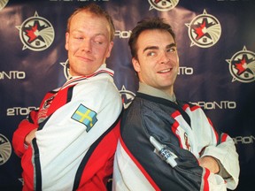Leaf teammates Mats Sundin and Curtis Joseph faced off against each other in the 2000 NHL all-star game in Toronto, with the Big Swede representing the World Team. (SUN FILE PHOTO)
