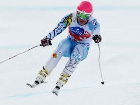 Benjamin Thomsen of Canada speeds down to clock the second fastest time in the men's Alpine Skiing World Cup Downhill race in Rosa Khutor near Sochi, Russia, on Saturday, Feb. 11, 2012. (REUTERS/Wolfgang Rattay)