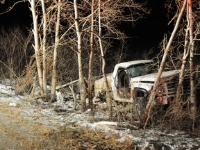 Police say this truck slammed into a group of trees near Stettler early Saturday morning that killed a 17-year-old girl (RCMP PHOTO)