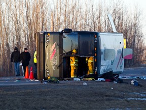 Drugs, alcohol and speed have been ruled out in the rollover of this bus near Redwater Friday. (EDMONTON SUN/File)