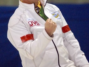 Skip Glenn Howard celebrates his game-winning shot that earned his rink the Ontario men's curling title at the Dominion Tankard in Stratford, Ont., Feb. 12, 2012. (SCOTT WISHART/QMI Agency)