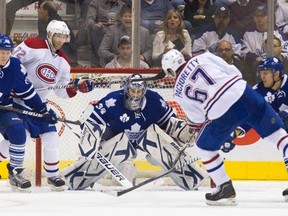 The Habs’ Max Pacioretty scores on Leafs goalie James Reimer during Saturday night’s game at the ACC. The Leafs start a three-game trip on Tuesday in Calgary.