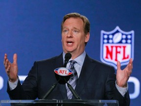 NFL commissioner Roger Goodell speaks to the media in Indianapolis, Ind., Feb. 3, 2012. (MIKE SEGAR/Reuters)