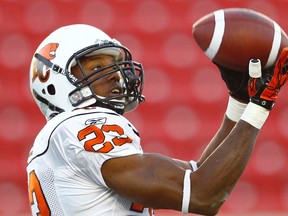 Jamall Lee warms up prior to facing the Stampeders at McMahon Stadium in Calgary, Alta., Sep. 25, 2010. (AL CHAREST/QMI Agency)