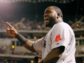 Red Sox slugger David Ortiz argues a call during a game against the Rangers at Rangers Ballpark in Arlington, Tex., Aug. 23, 2011. (MIKE STONE/Reuters)