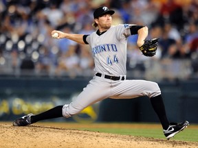 Blue Jays reliever Casey Janssen pitches against the Royals at Kauffman Stadium in Kansas City, Miss., June 6, 2011. (DAVE KAUP/Reuters)