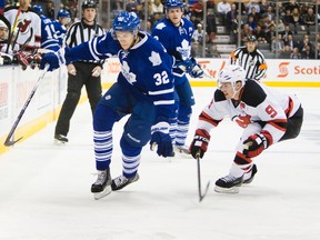 Joe Colborne, seen here playing for the Leafs in December, is back down with the Marlies. He could be trade bait, should the Leafs make a deal at the NHL trade deadline. (TORONTO SUN)