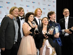 Members of the band Arcade Fire pose with their four awards during the 40th Juno Awards in Toronto March 2011. Juno week kicks off in Ottawa with events beginning March 28, 2012. (REUTERS/Mike Cassese)