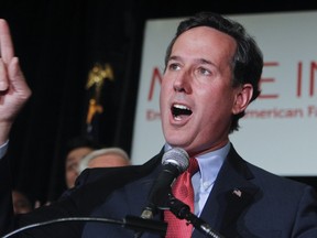 U.S. Republican presidential candidate and former U.S. Senator Rick Santorum speaks to supporters at his primary night rally at the St. Charles Convention Center in St. Charles, Missouri, February 7, 2012. (REUTERS/Sarah Conard)