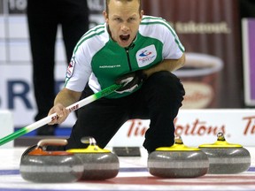 Then-Saskatchewan third Pat Simmons watches a shot during a game against Manitoba at the 2011 Tim Horton's Brier at the John Labatt Centre in London on March 9, 2011. Simmons is curling with the Kevin Koe rink out of the Saville Centre this season.