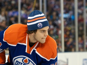 Magnus Paajarvi, shown sporting a toque during the Oilers skills competition, is back up with the big club in the wake of Ryan Nugent-Hopkins injury.