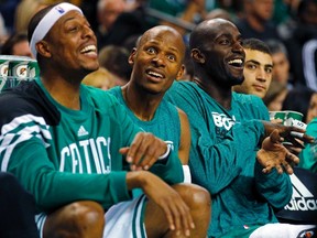Boston Celtics' Big 3 — Paul Pierce, Ray Allen and Kevin Garnett — react during a game against the Detroit Pistons earlier this season. (REUTERS)