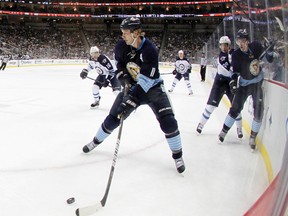 Jordan Staal #11 of the Pittsburgh Penguins handles the puck against the Winnipeg Jets during the game at Consol Energy Center on February 11, 2012 in Pittsburgh, Pennsylvania.  (Justin K. Aller/Getty Images/AFP)