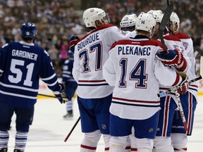 The Montreal Canadiens celebrate one of their four second-period goals on Saturday night at the ACC.