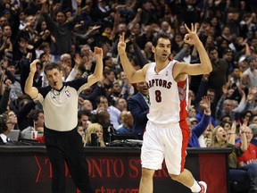 Raptors guard Jose Calderone heads back up-court after scoring against the Los Angeles Lakers in the second half on Sunday. Calderon netted a career-high 30 points and was the best player on the floor, says the Sun’s Ryan Wolstat. (Michael Peake/Toronto Sun)