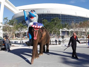 Ringling Brothers and Barnum and Bailey Circus animal trainer Taba Maluenda guides an elephant around the "bases" of a makeshift baseball field, during a batting practice organized by the Miami Marlins outside the team's new stadium in Miami. (REUTERS)