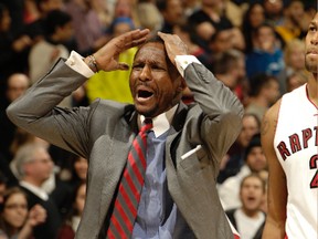 Raptors head coach Dwane Casey reacts to another frustrating call by NBA officials during Sunday's close loss to the L.A. Lakers at the ACC. (GETTY IMAGES)