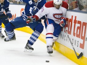 Leafs' Joffrey Lupul battles for the puck with Montreal's  P.K. Subban during Saturday's 5-0 Habs win at the ACC. (REUTERS)