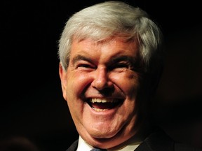 Former House Speaker and candidate for the Republican presidential nomination, Newt Gingrich, laughs while speaking to the audience at at an event billed by his campaign as a "Hispanic Leadership Event" in South El Monte, east of Los Angeles, on February 13, 2012 in California. (AFP PHOTO / Frederic J. BROWN)
