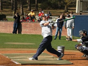Blue Jays new back-up catcher, Jeff Mathis, connects during the Chipola College alumni Home Run Derby last weekend in Marianna, Fla.