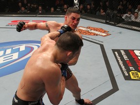 Diego Sanchez (top) gets punched in the face by Jake Ellenberger while trying to throw a punch of his own last night.