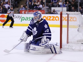 Leafs netminder Jonas Gustavsson lets in the winning goal in overtime against the New Jersey Devils on Tuesday night at the Air Canada Centre. (Mark Blinch/Reuters)