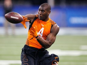 Oklahoma State wide receiver Justin Blackmon catches a pass during the 2012 NFL Combine at Lucas Oil Stadium in Indianapolis, Ind., Feb. 26, 2012. (JOE ROBBINS/Getty Images/AFP)