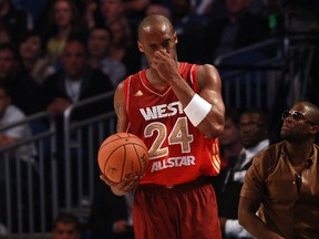Lakers guard Kobe Bryant holds his nose after being fouled during the NBA All-Star Game at the Amway Center in Orlando, Fla., Feb. 26, 2012. (RONALD MARTINEZ/Getty Images/AFP)