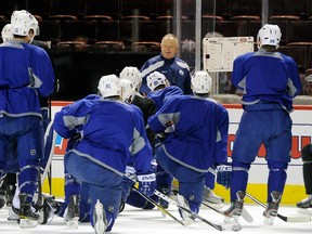 New Leafs coach Randy Carlyle prepares his team for Saturday night's game against the Montreal Canadiens at the Bell Centre. (GETTY IMAGES)