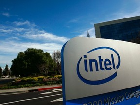 A sign is shown at the entrance to the headquarters of Intel Corporation in Santa Clara, Calif. in this Feb. 2, 2010 file photograph. REUTERS/Robert Galbraith/Files
