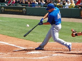 Travis Snider gets a hit against the Pirates yesterday in Bradenton, Fla. Snider had two hit and three RBIs on the day.