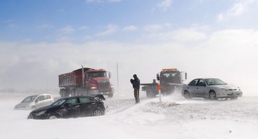 Near-zero visibility on highways surrounding Winnipeg -- caused by blowing snow and strong winds --�led to  two separate crashes on the Trans-Canada Highway near Headingley around noon March 7, 2012. 
(COURTESY STAN MILOSEVIC)