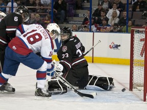 Michael St. Croix scores against Red Deer Rebels goalie Deven Dubyk during the second period of the Oil Kings's final regular season home game at Rexall Place, a 7-4 win, on Saturday night
Ian Kucerak, Edmonton Sun