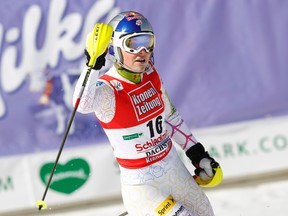 Lindsey Vonn of the U.S. reacts in the finish area during the Slalom race at the alpine ski World Cup finals in Schladming March 17, 2012.     REUTERS/Leonhard Foeger