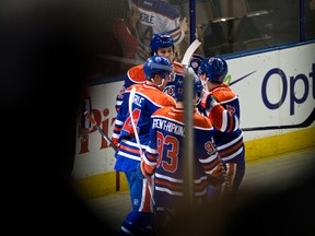 The Oilers celebrate Jordan Eberle's goal during the second period of the Edmonton Oilers 3-2 loss to the the Phoenix Coyotes at Rexall Place ion Sunday.
Codie McLachlan, Edmonton Oilers
