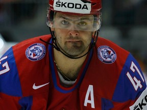 Russia's Alexander Radulov reacts during their semifinal match against Finland at the Ice Hockey World Championships in Bratislava last year. (REUTERS/Petr Josek)