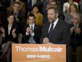 Newly-elected leader of the NDP Thomas Mulcair addresses his caucus for the first time on Parliament Hill in Ottawa March 28, 2012.         (Chris Roussakis/QMI Agency)