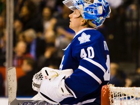 Surprise starter Jussi Rynnas stares up at the scoreboard after the Flyers scored one of their seven goals on him last night. (Ernest Doroszuk/Toronto Sun