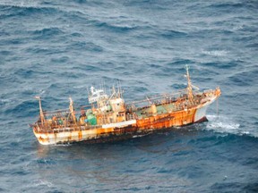 This drifting Japanese squid trawler was photographed by an RCAF surveillance aircraft about 140 nautical miles (260 km) from Cape Saint James, on the southern tip of Haida Gwaii, British Columbia.