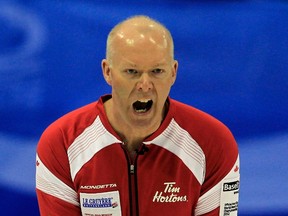 Canadian skip Glenn Howard shouts during play against Norway at the World Men's Curling Championship in Basel, Switzerland, on Monday, April 2, 2012. (Arnd Wiegmann/Reuters)