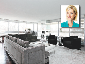 The floors in Sheila McCarthy’s condo are a mahogany tone, and all of her rooms are surrounded by windows. Her L-shaped sectional couch is perfect for dinner parties.