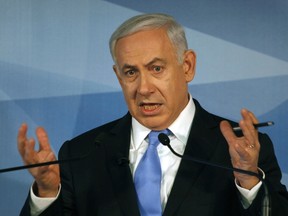 Israeli Prime Minister Benjamin Netanyahu at a press conference marking the start of his fourth year in power on April 3, 2012. (Gali Tibbon/AFP)