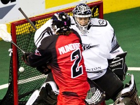 Aaron Bold can't stop Philadelphia's Brendan Mundorf from scoring during the Edmonton Rush game against the Philadelphia Wings at Rexall Place on Feb. 24. The two teams meet again Saturday night in Philly with the Wings coming away with a 16-15 win.
Codie McLachlan, Edmonton Sun