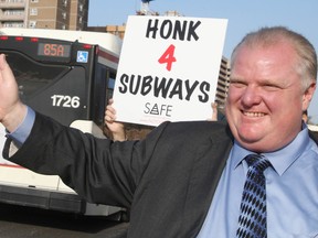 Mayor Rob Ford took a bus from Don Mills subway station to a rally at Victoria Park and Sheppard Aves, to promote the extension of the Sheppard subway in March 2012. (VERONICA HENRI, Toronto Sun files)