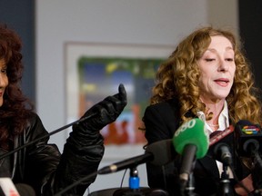 Dominatrix Terri-Jean Bedford (left) and Valerie Scott (right) speak to media Monday, March 26, 2012. (LAURA PEDERSEN/TORONTO SUN)