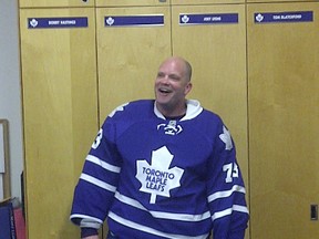 Scott McKay, 40, a former Leafs equipment manager and present-day beer-leaguer, took a big step toward the real thing Thursday night when he was called to back up Jonas Gustavsson after the tender suffered a left knee injury during the warmup prior to the March 29 game against the Philadelphia Flyers. (Submitted photo)