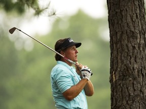 Phil Mickelson watches his shot from the 9th fairway during Tuesday's Masters' practice round at Augusta. (GETTY IMAGES)