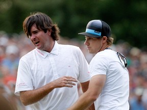 Bubba Watson reacts after winning his sudden death playoff on the second playoff hole to win the 2012 Masters Sunday in Augusta. Watson's wife, Angie, was born and raised in Toronto and met her husband at the University of Georgia where she was a 6-foot-4 basketball star. (GETTY IMAGES)